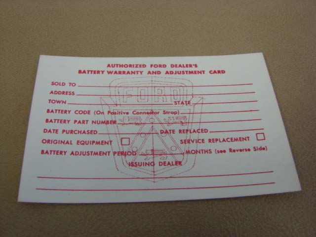 TDF 117 Battery Warranty Card For 1955-1956-1957 Ford Thunderbird