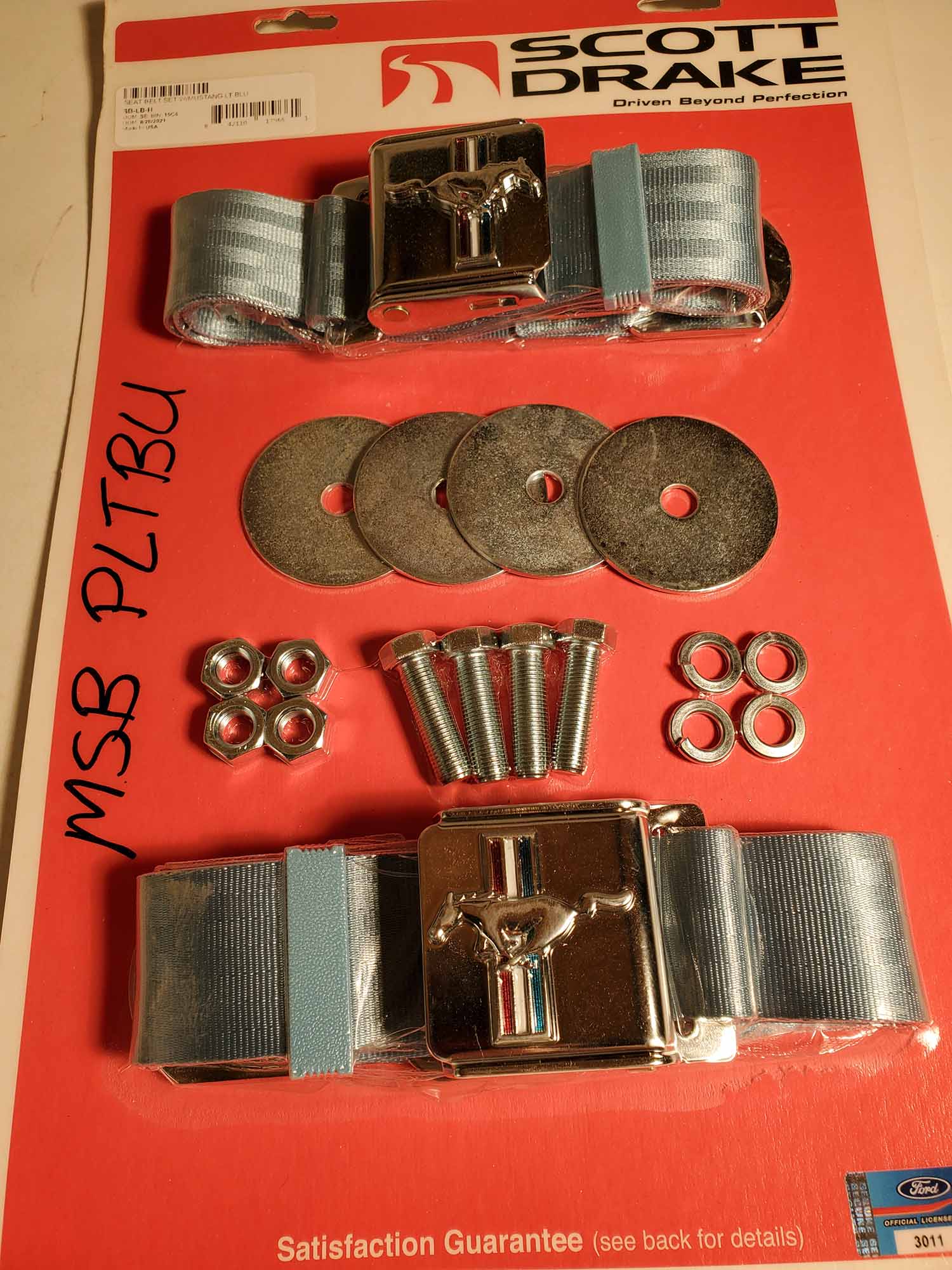 MSB PBRD Pony Emblem Seat Belts (Bright Red, Pair) for 1965-73 Ford Mustang (MSBPBRD)